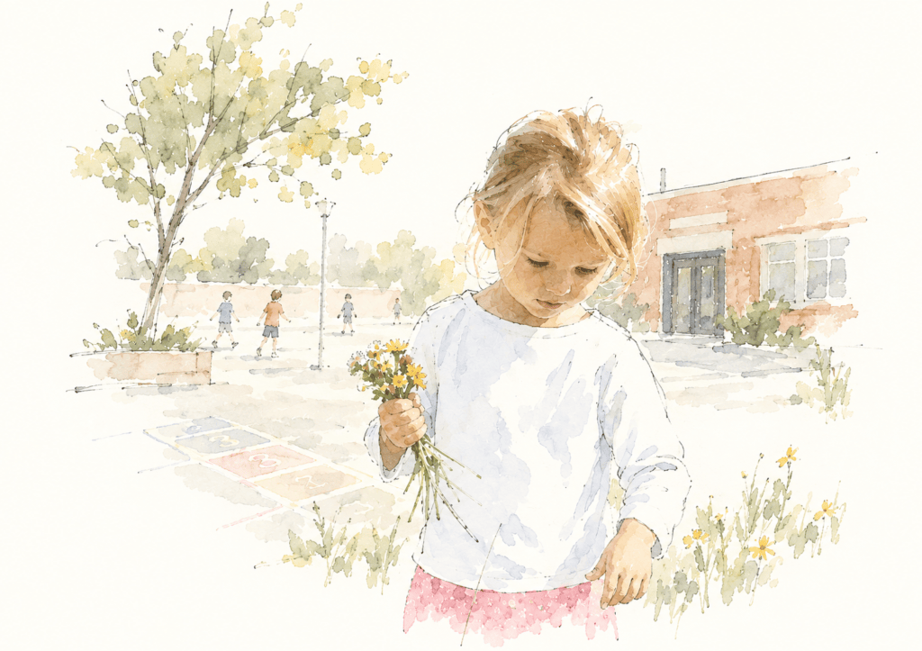 A young student holding a small bouquet of wildflowers on the schoolyard, the school behind