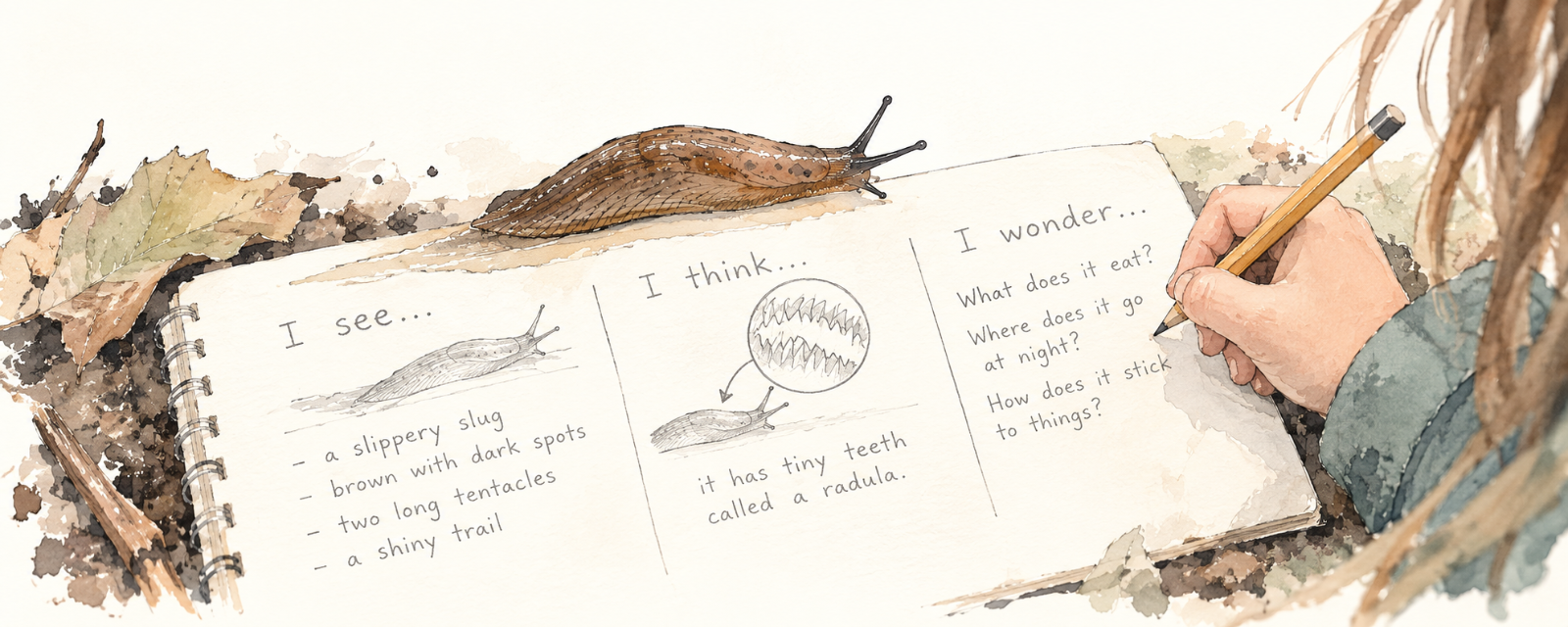 A slug mid-glide across a worksheet, one student's finger pointing