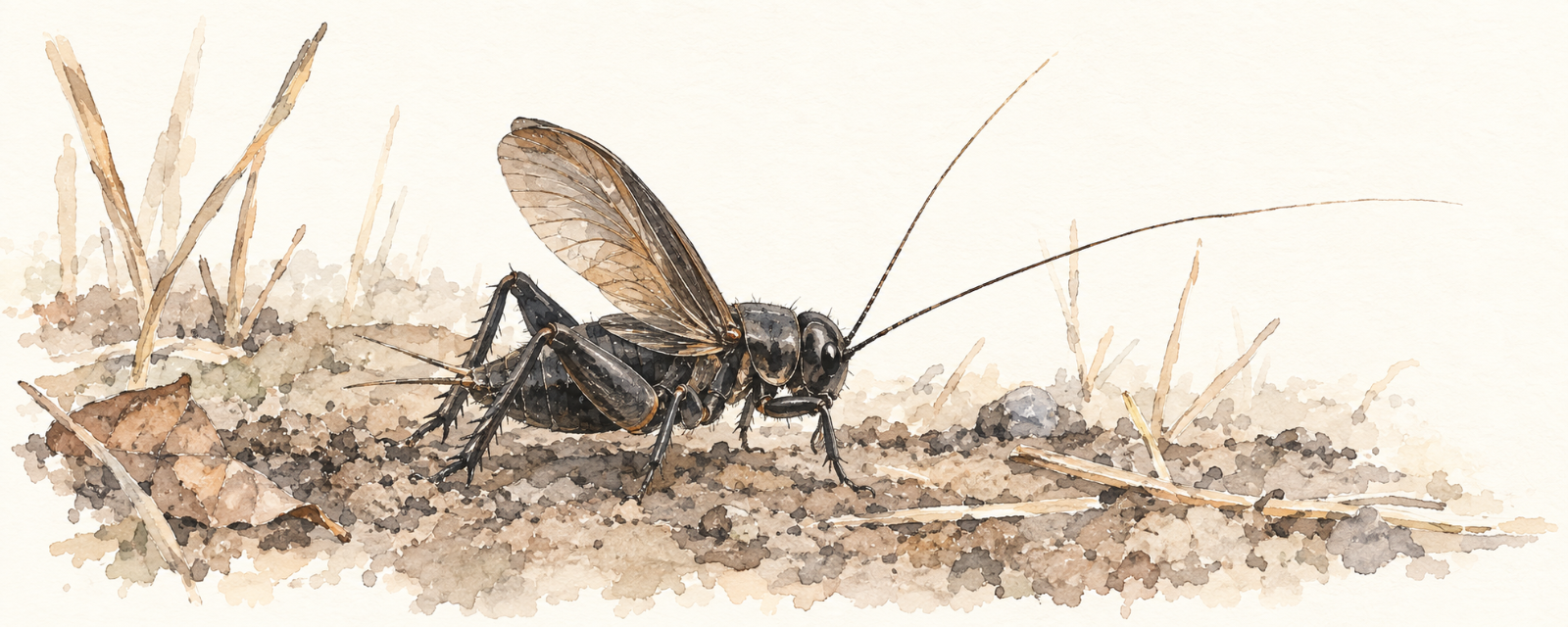 A black field cricket on cold bare soil with one wing raised
