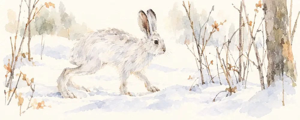 A snowshoe hare in its white winter coat crossing snow, ears up