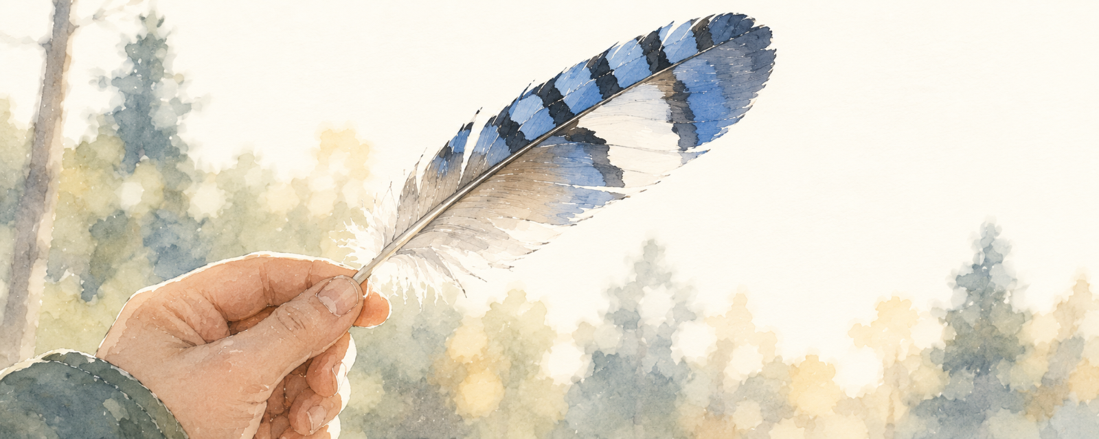 A single blue jay feather held up to the light