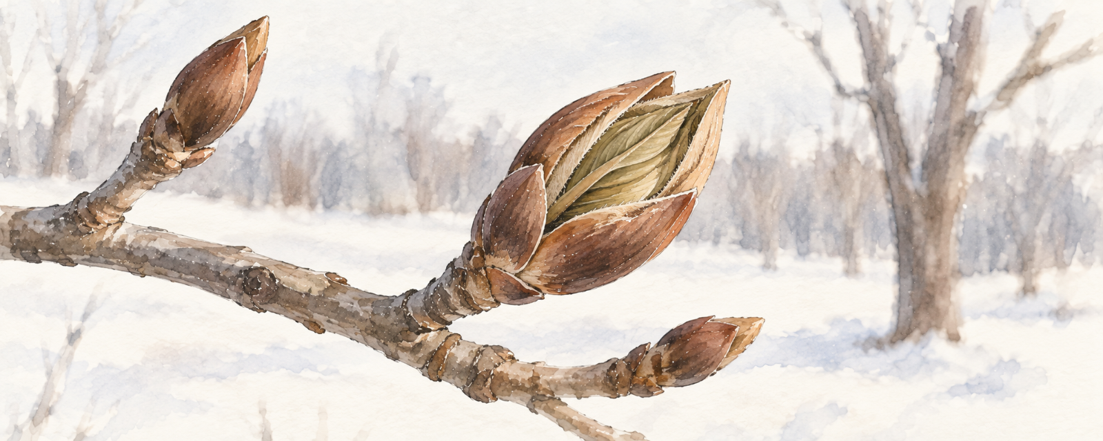 A bare February branch with one fat bud split open to show the folded leaves inside