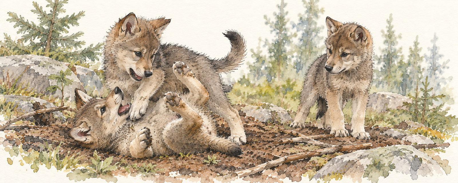 Two wolf pups mid-tumble with a third watching