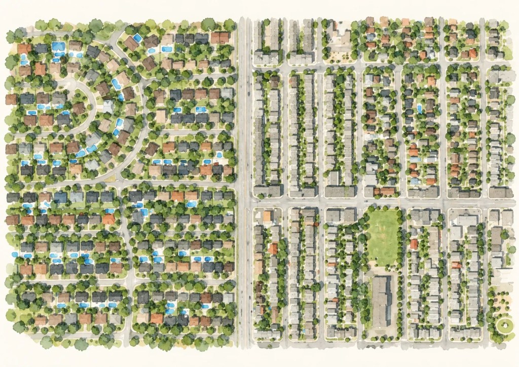 Aerial view of two neighbourhoods side by side: one with large lots, mature trees and backyard pools, the other with dense rows of small houses and little green space