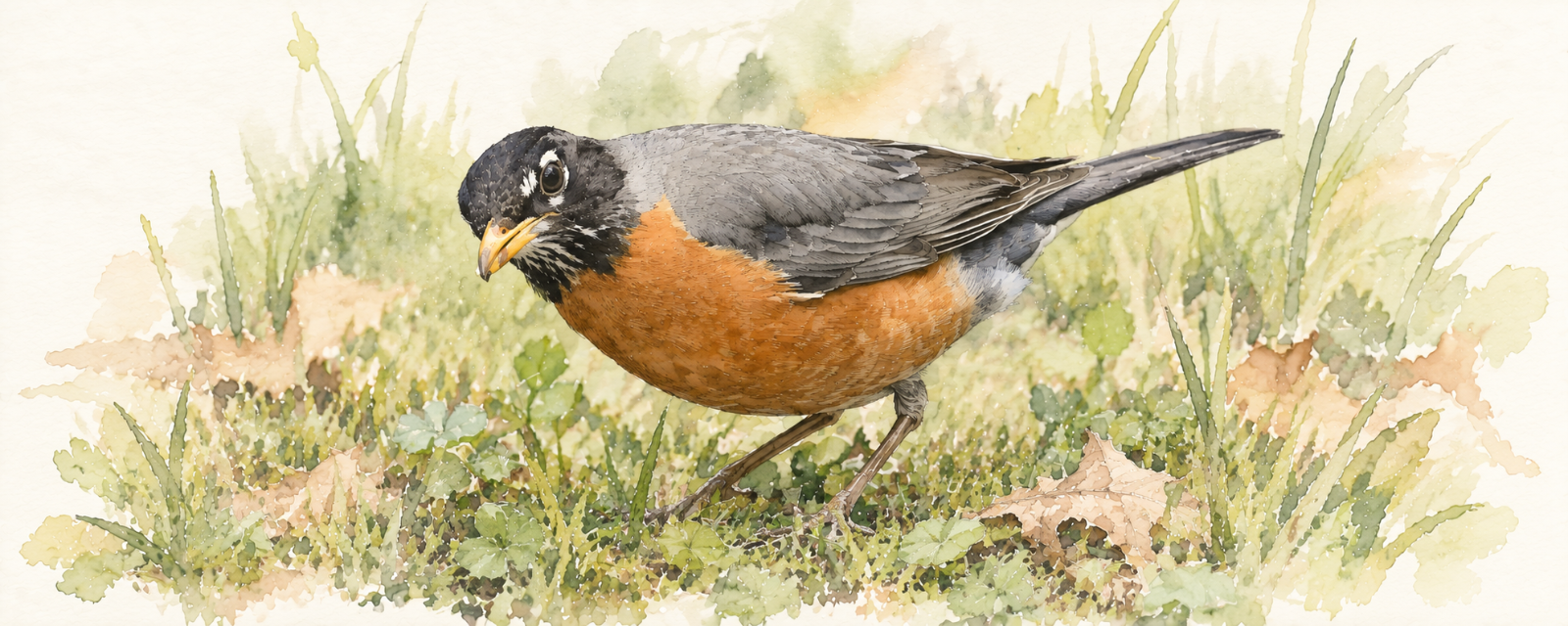 A robin with its head cocked on the grass