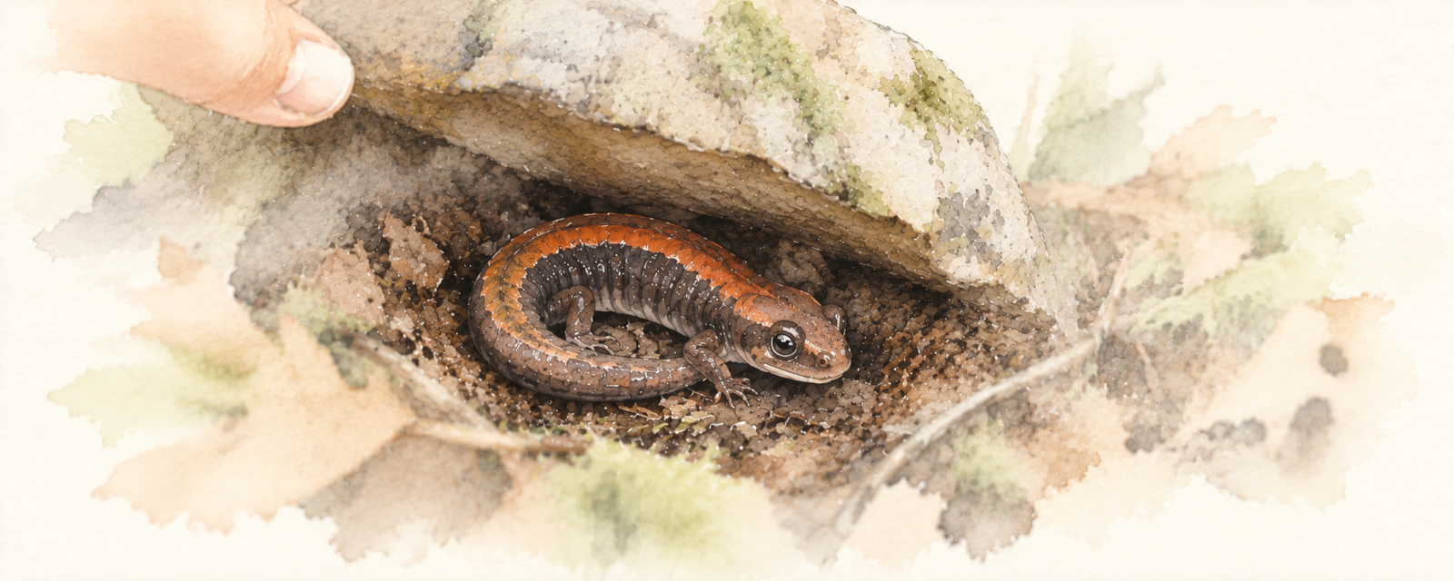 A lifted rock with an eastern red-backed salamander curled beneath it