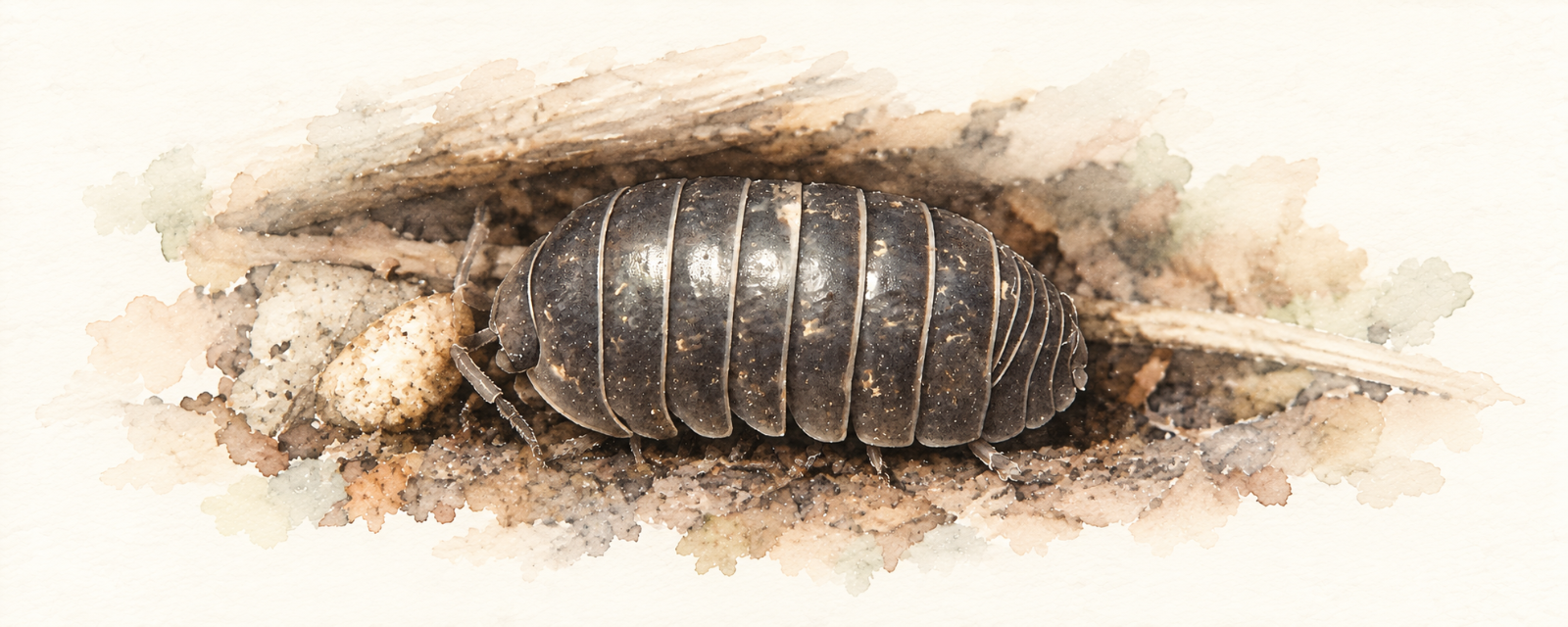 A lifted flat stone with one roly poly curled into a ball