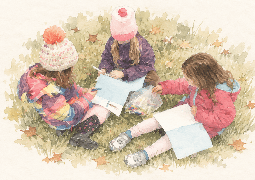 Three students in hats and coats sitting in the grass, writing in nature journals
