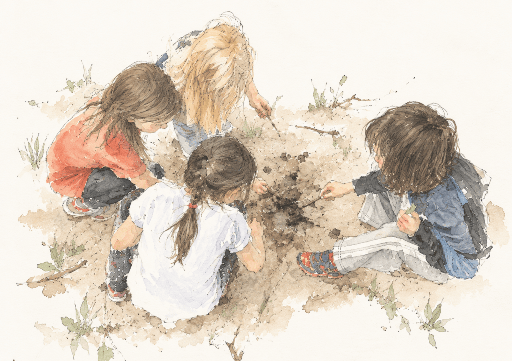 Four students crouched in a circle, digging in the soil with sticks and hands