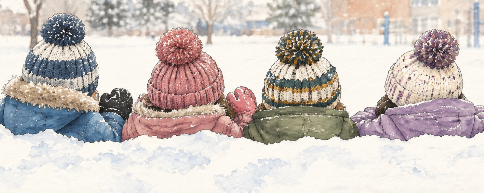 A row of tuques on a snowy schoolyard, mittened hands, no faces