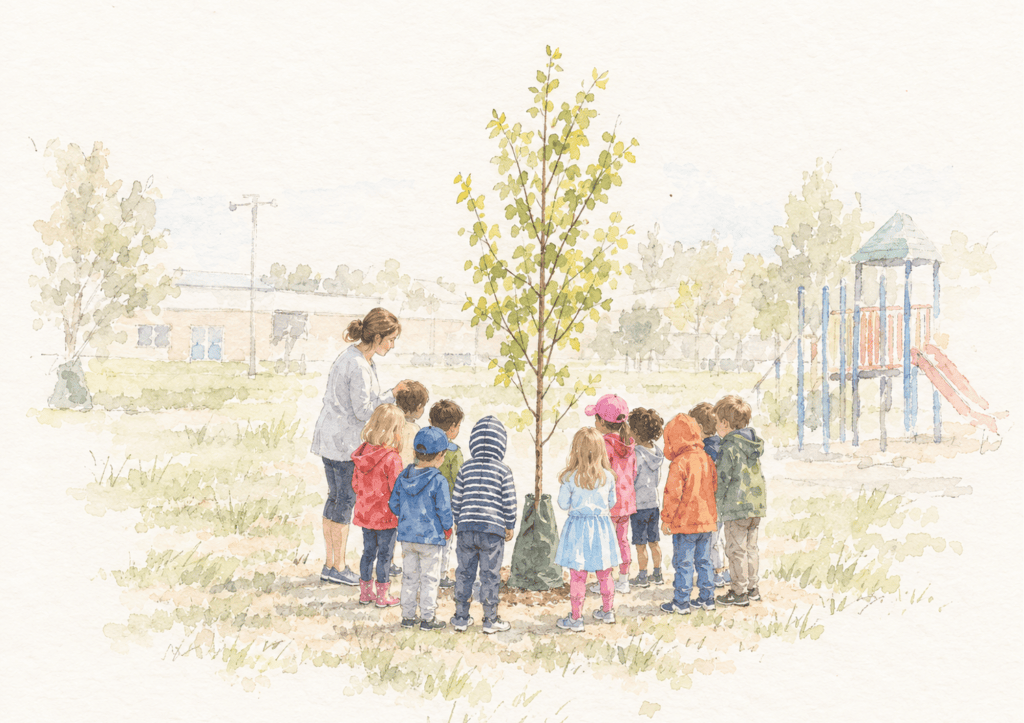 A teacher and a small class gathered around a young tree on the schoolyard, play structure behind