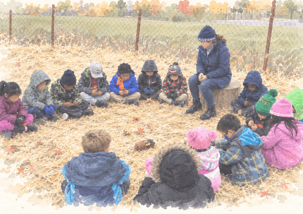 A teacher seated on a stump reading to a class sitting in a circle on straw, dressed for cold weather