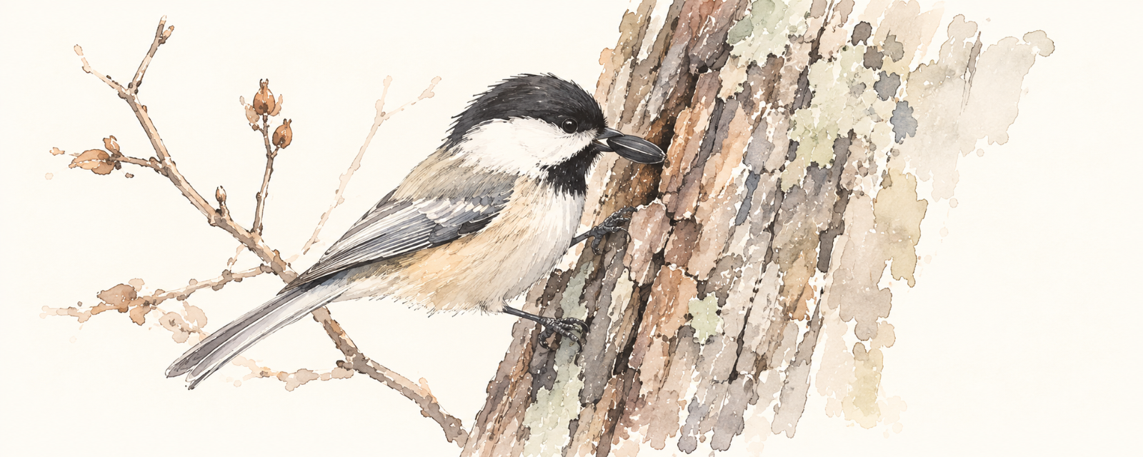 A black-capped chickadee tucking a seed into bark