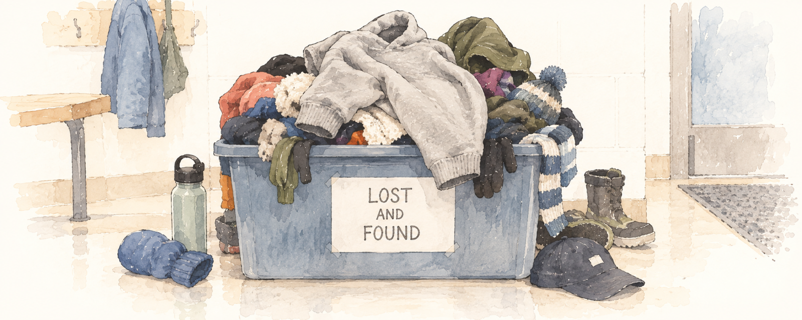 An overflowing lost-and-found bin with one grey hoodie on top