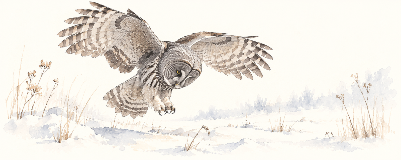 A great grey owl dropping toward snow, head tilted, listening