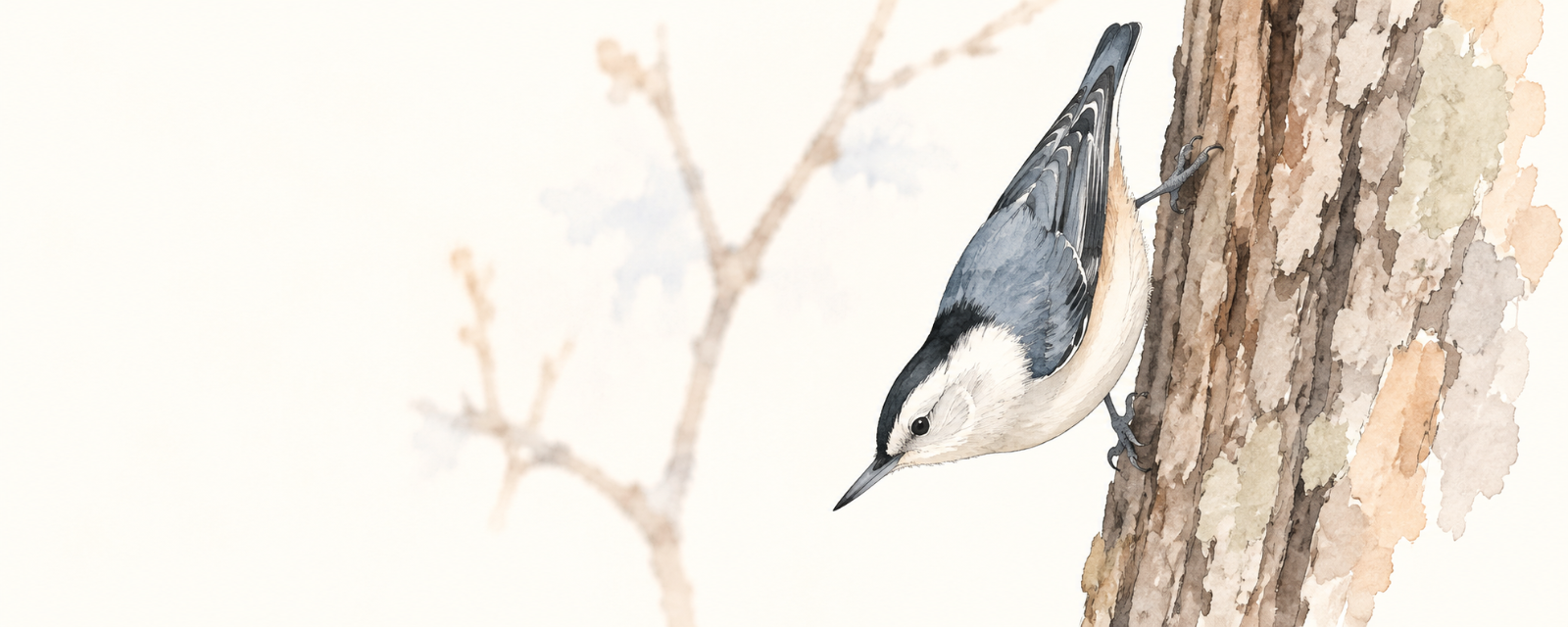 A white-breasted nuthatch head-down on a tree trunk with a seed wedged in the bark