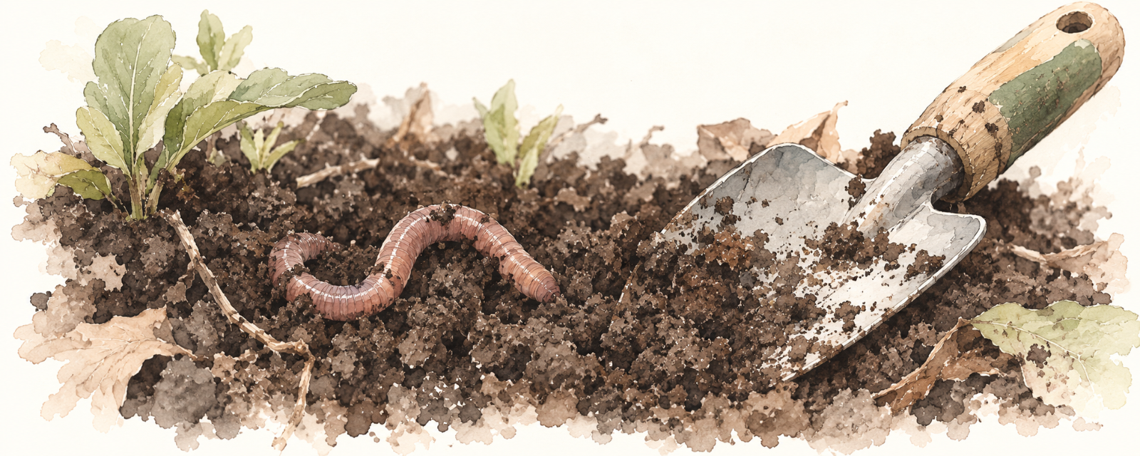 A worm in dark soil with a garden trowel beside it