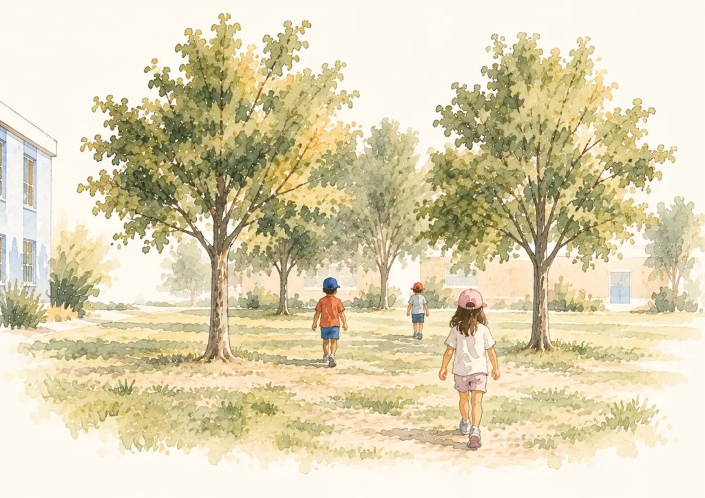 Three students walking across a schoolyard between young trees toward the school