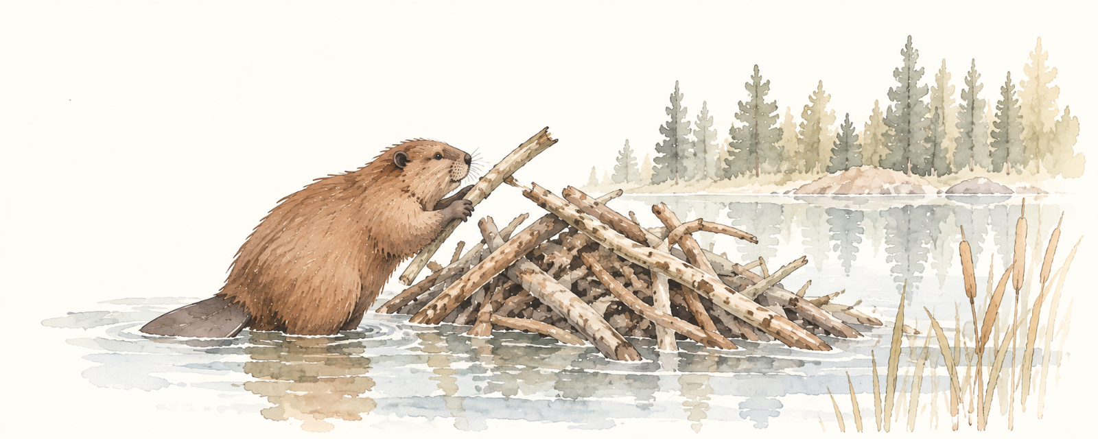A beaver piling sticks on top of a loudspeaker, pond behind it