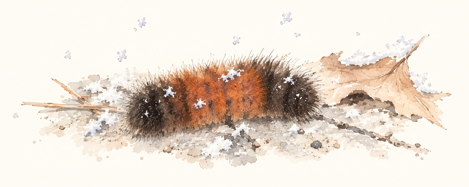 A woolly bear caterpillar curled on cold pavement with the first snow in the air