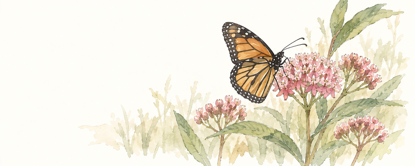 A monarch on a milkweed leaf with a striped caterpillar below