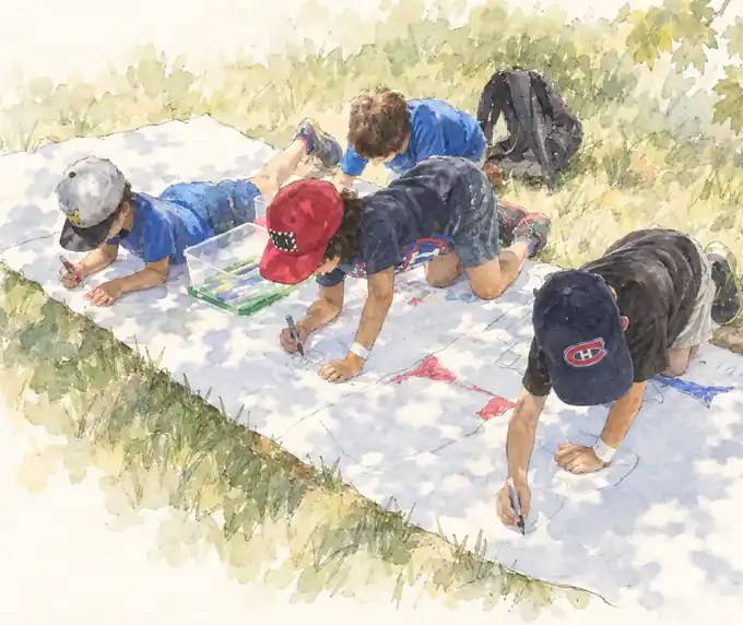 Students on their knees drawing a map of the schoolyard on a large drop cloth spread on the grass
