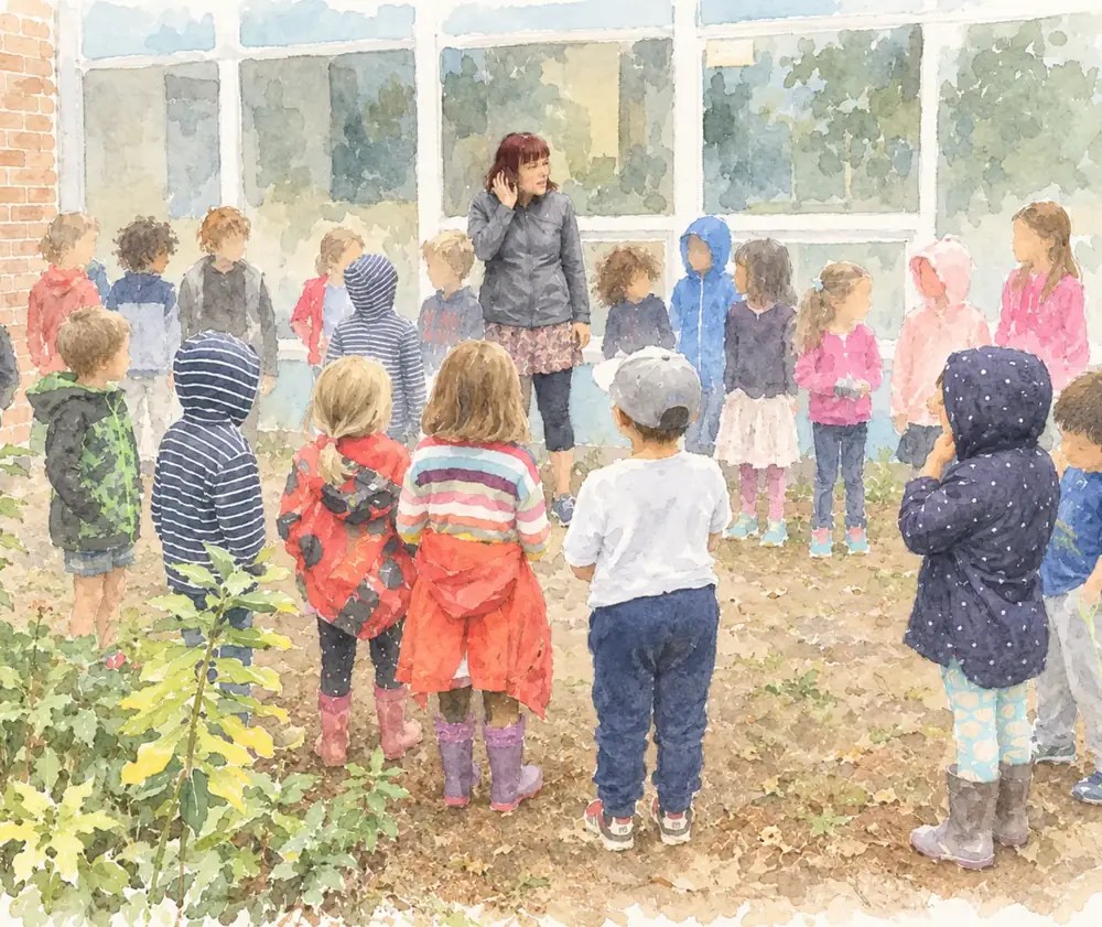 A teacher with a hand cupped to her ear and a class standing still on the schoolyard, listening