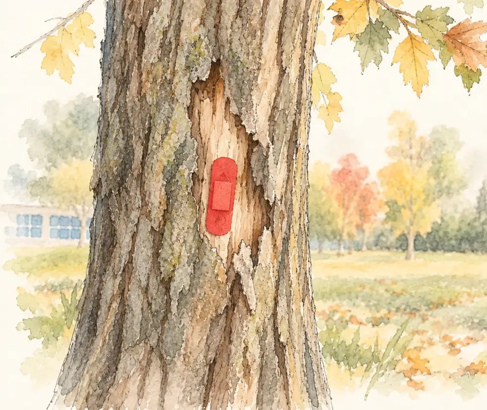 A maple trunk with a red bandage over a patch of missing bark, autumn leaves above