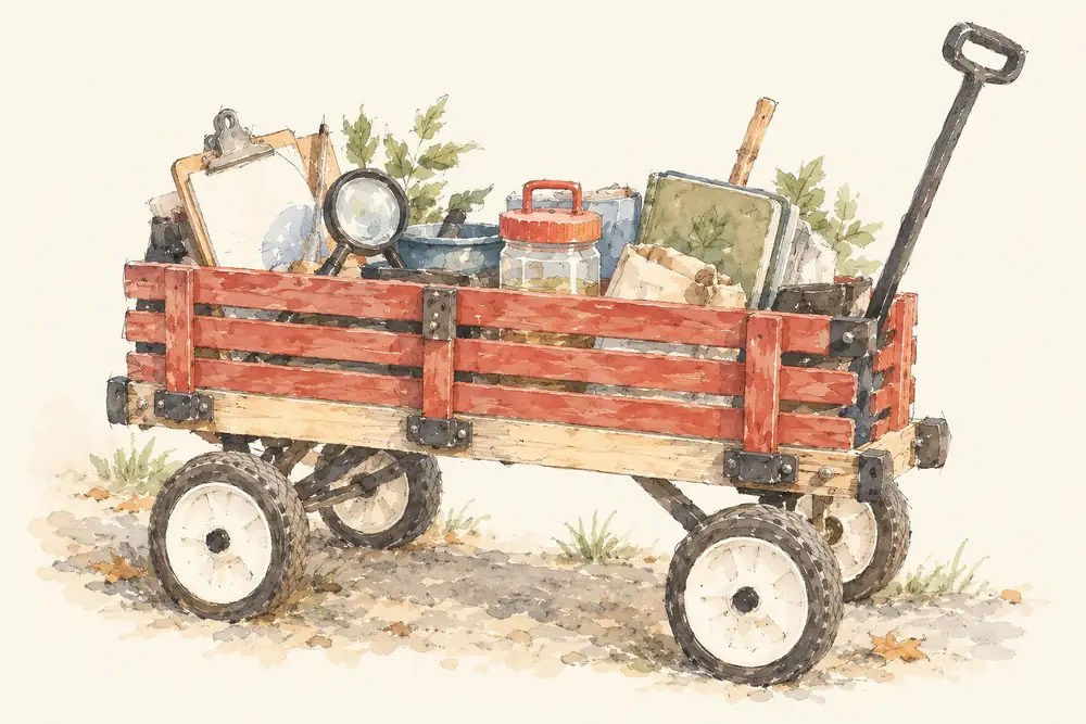 A red wagon packed with clipboards, a magnifier, jars and field guides, parked on the schoolyard