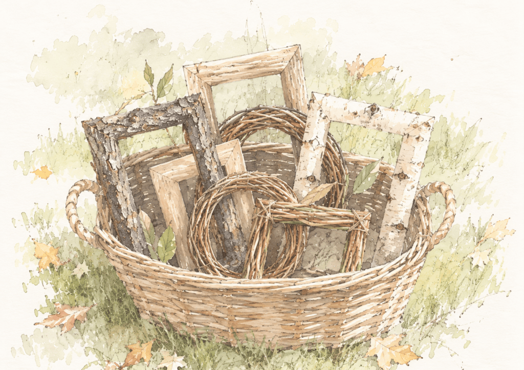 A wicker basket holding a stack of picture frames made from bark, twigs and woven vine