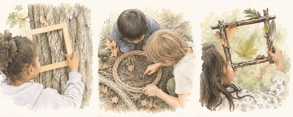 Three scenes of students holding twig and wooden frames up to bark, a bird's nest and leaves to look closely
