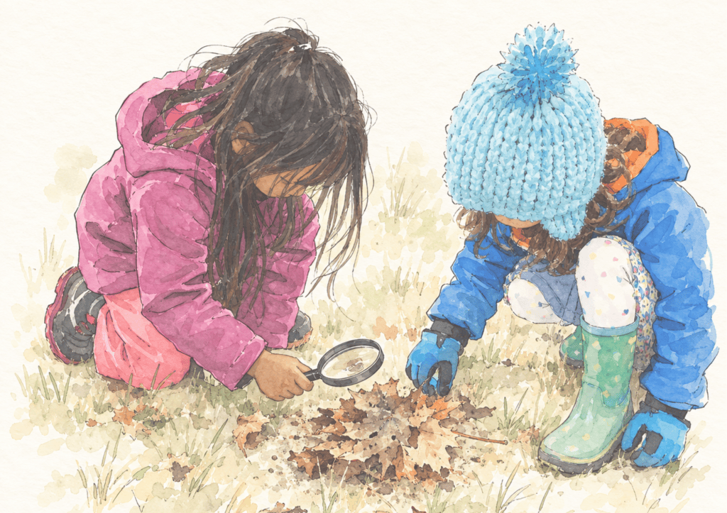 Two students kneeling in the grass, one looking through a magnifier at a pile of leaves