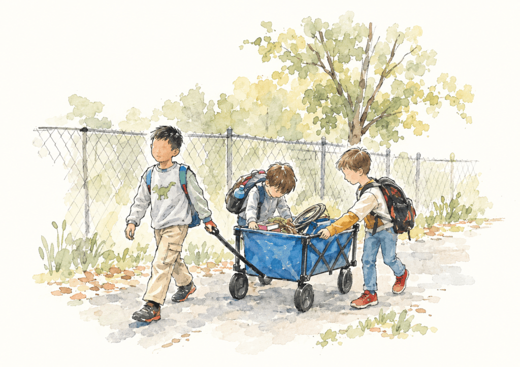 Three students walking along a fence line, one pulling a blue wagon loaded with supplies