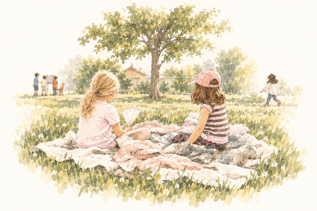 Three students walking across a schoolyard between young trees toward the school