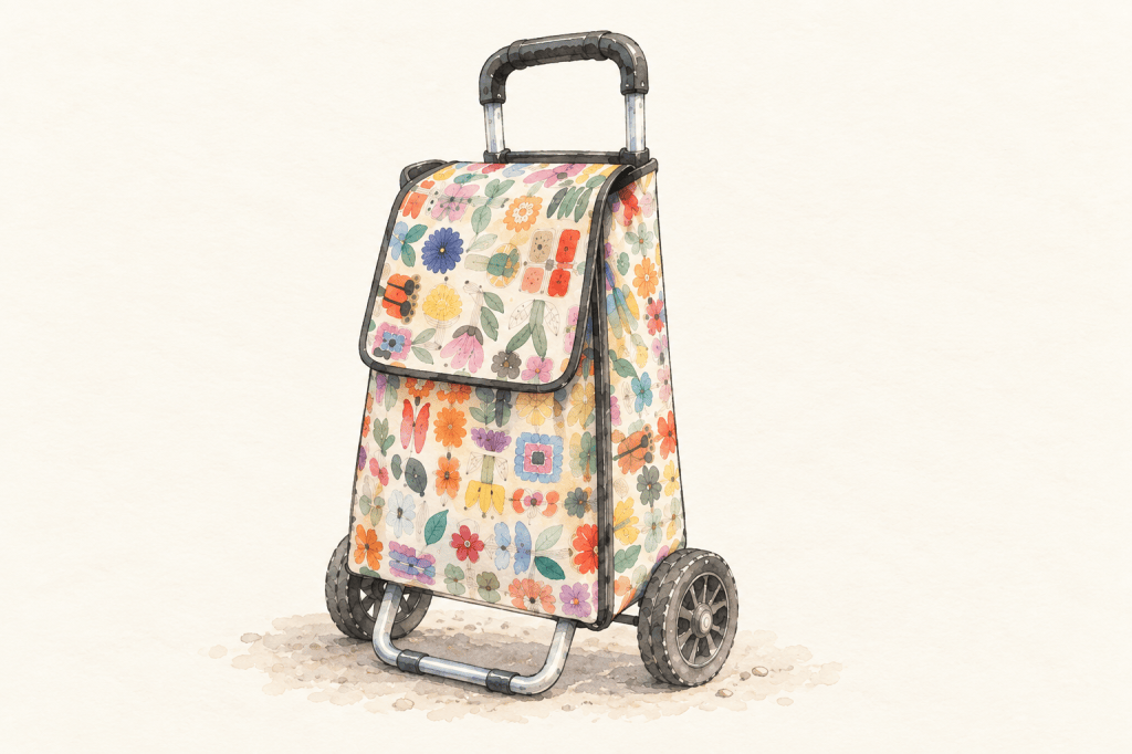 A wheeled shopping cart with a floral fabric bag, used to carry outdoor learning supplies