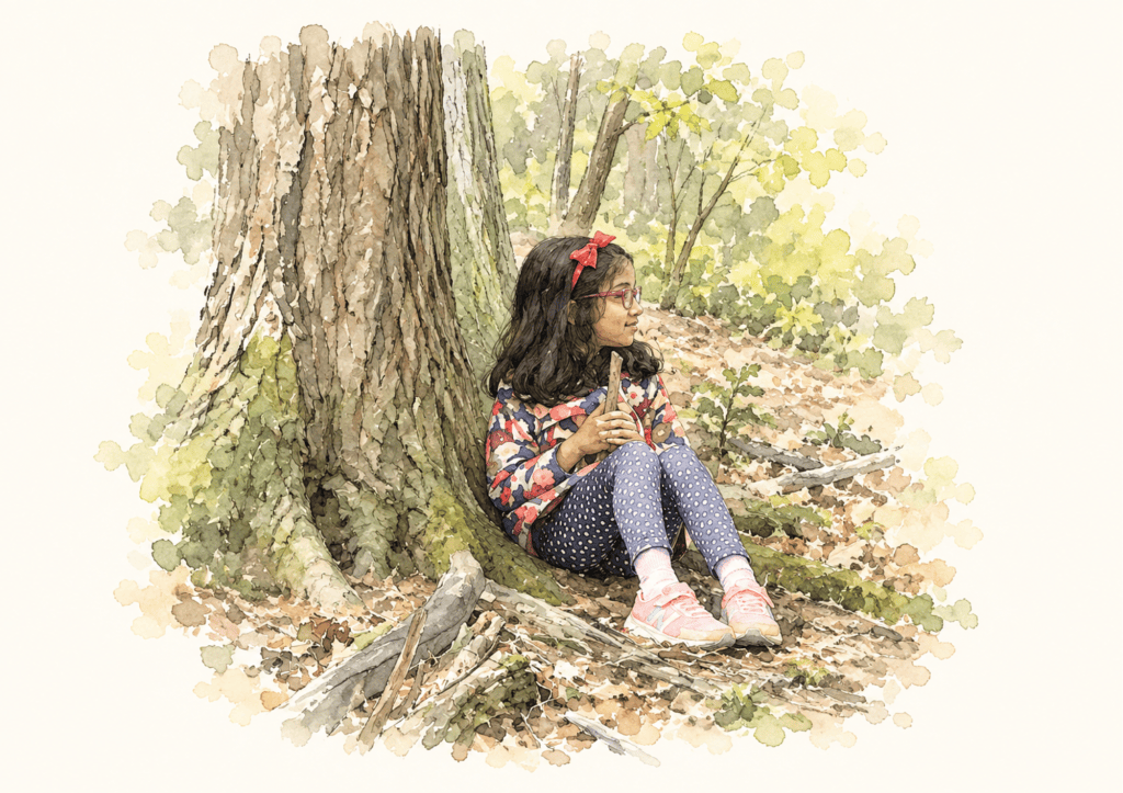 A student sitting against the base of a large tree, looking up into the branches