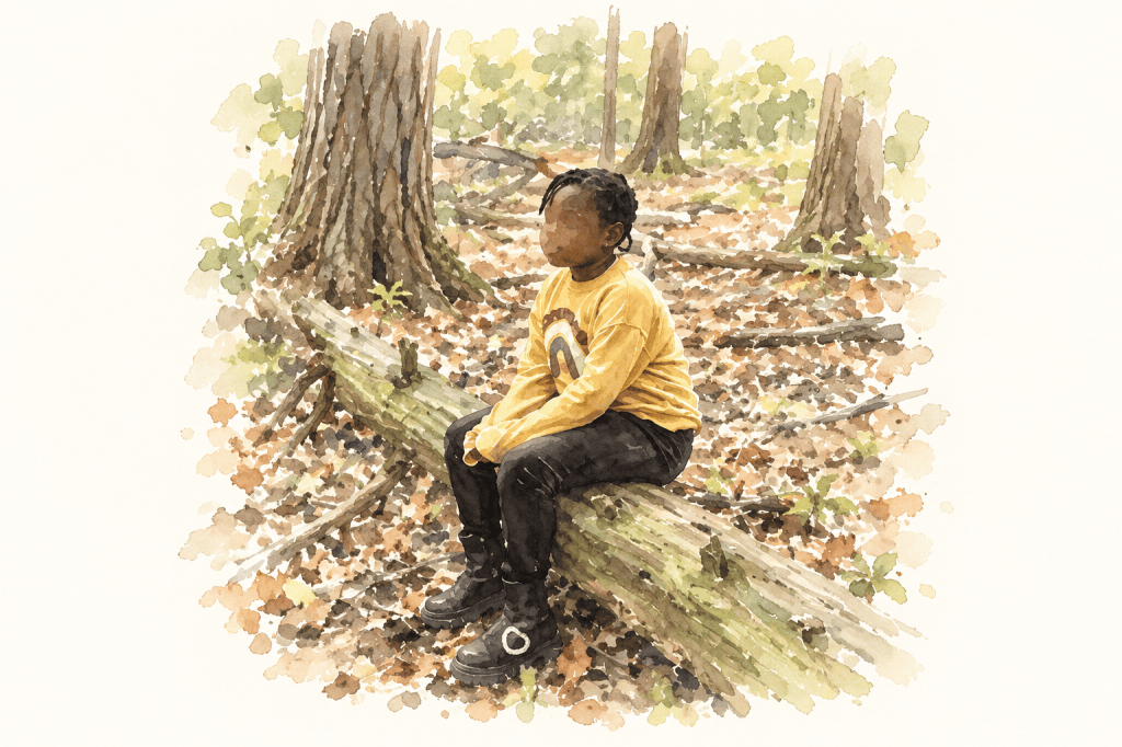 A student sitting alone on a fallen log in a forest of autumn leaves