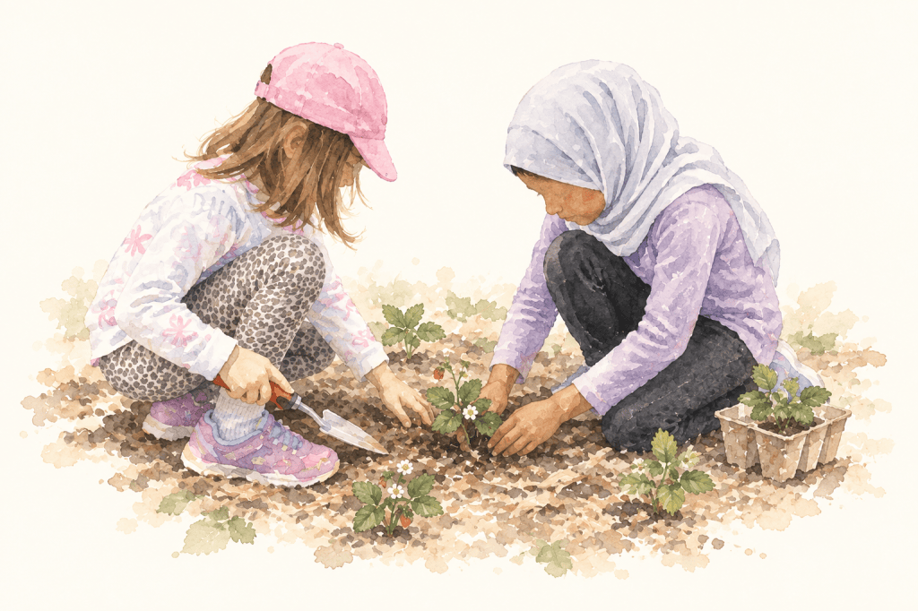 Two students kneeling in a garden bed, planting strawberry seedlings with a trowel