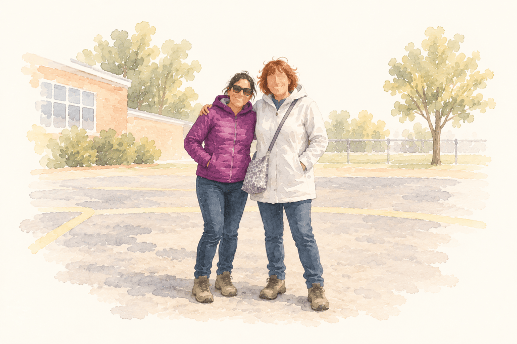 Two teachers in jackets standing together on a schoolyard, the school behind them