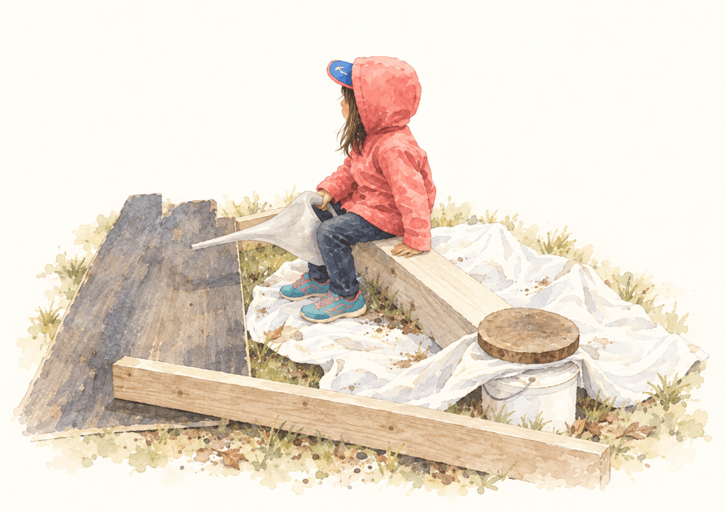A student in a red raincoat sitting on a plank balanced over logs and a tarp, building with loose parts