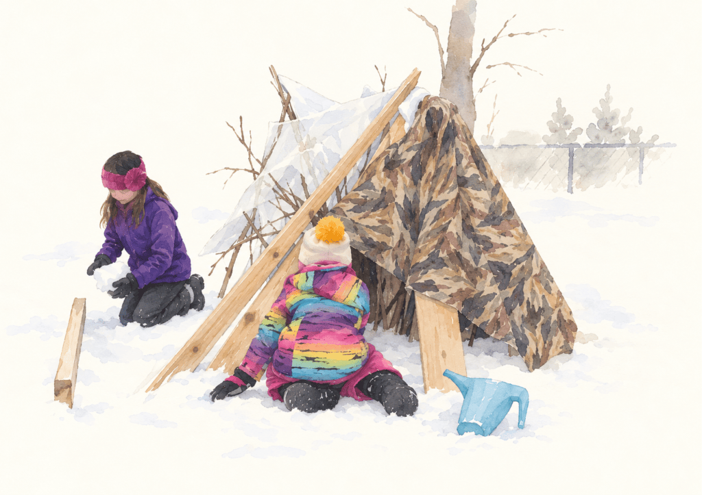 Two students in snowsuits building a shelter from branches and a tarp in the snow