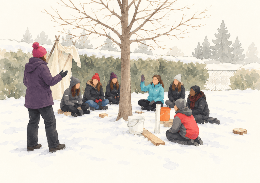 A teacher holding up a chart to a small group of students sitting in the snow under a bare tree