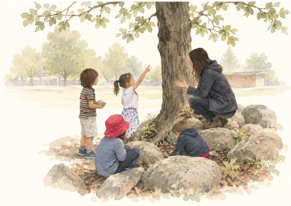 A teacher crouched with a group of students among rocks under a tree, one student pointing up into the branches