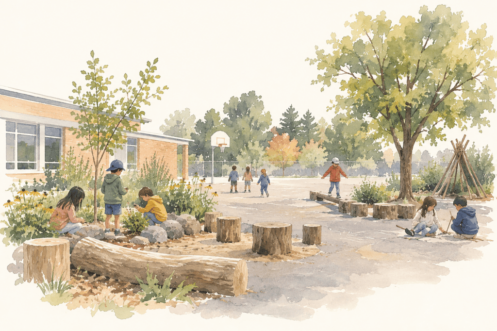 A schoolyard outdoor classroom with log seats, a garden bed and a stick shelter beside the school