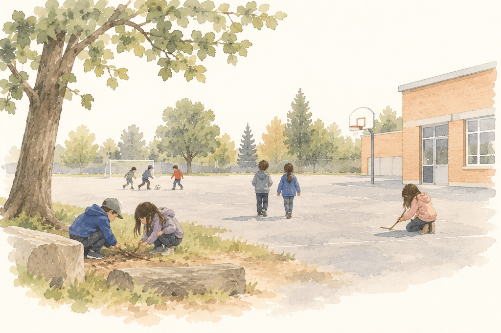 Students on a schoolyard: two crouched at a rock and log garden under a tree, others on the pavement near the school