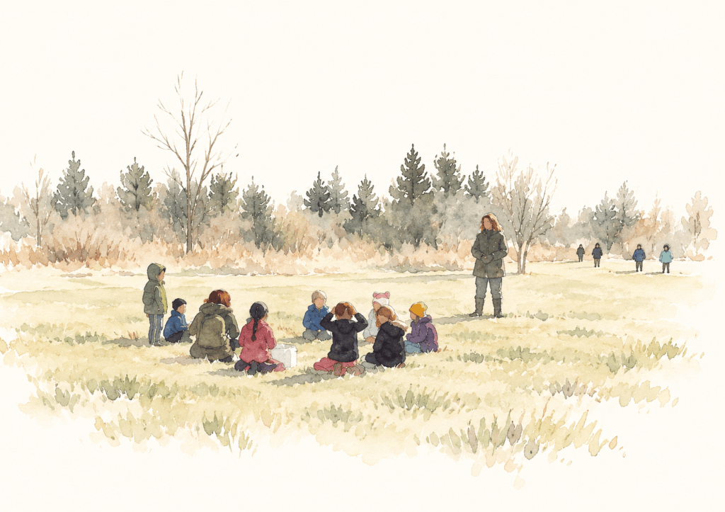 A class sitting in a circle on a field in late fall, a teacher standing nearby, evergreens behind