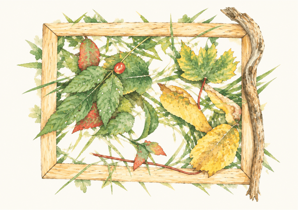 A wooden frame laid on grass with green, red and yellow leaves arranged inside it