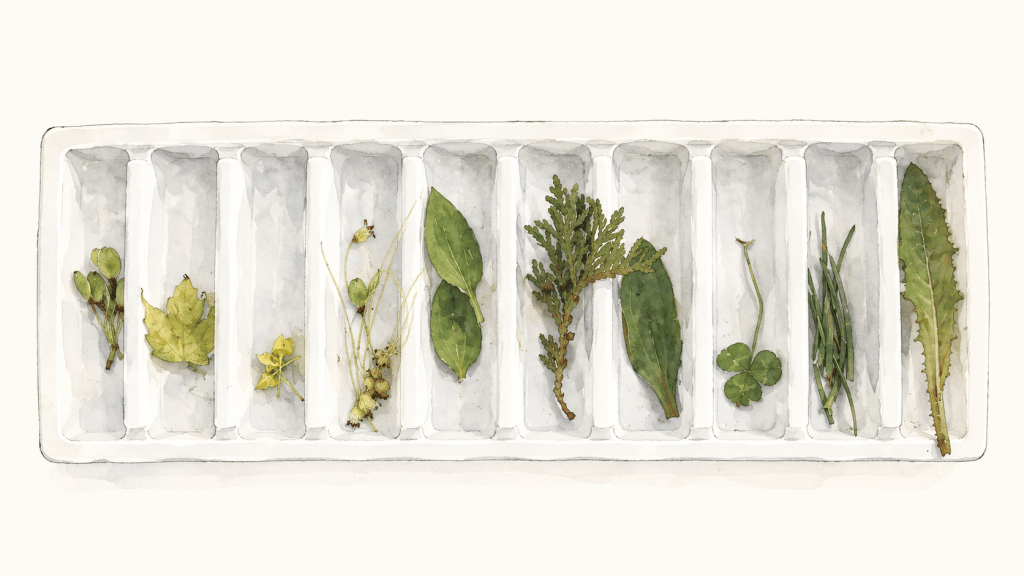 An ice cube tray used as a sorting tray, each compartment holding a different leaf, seed or sprig