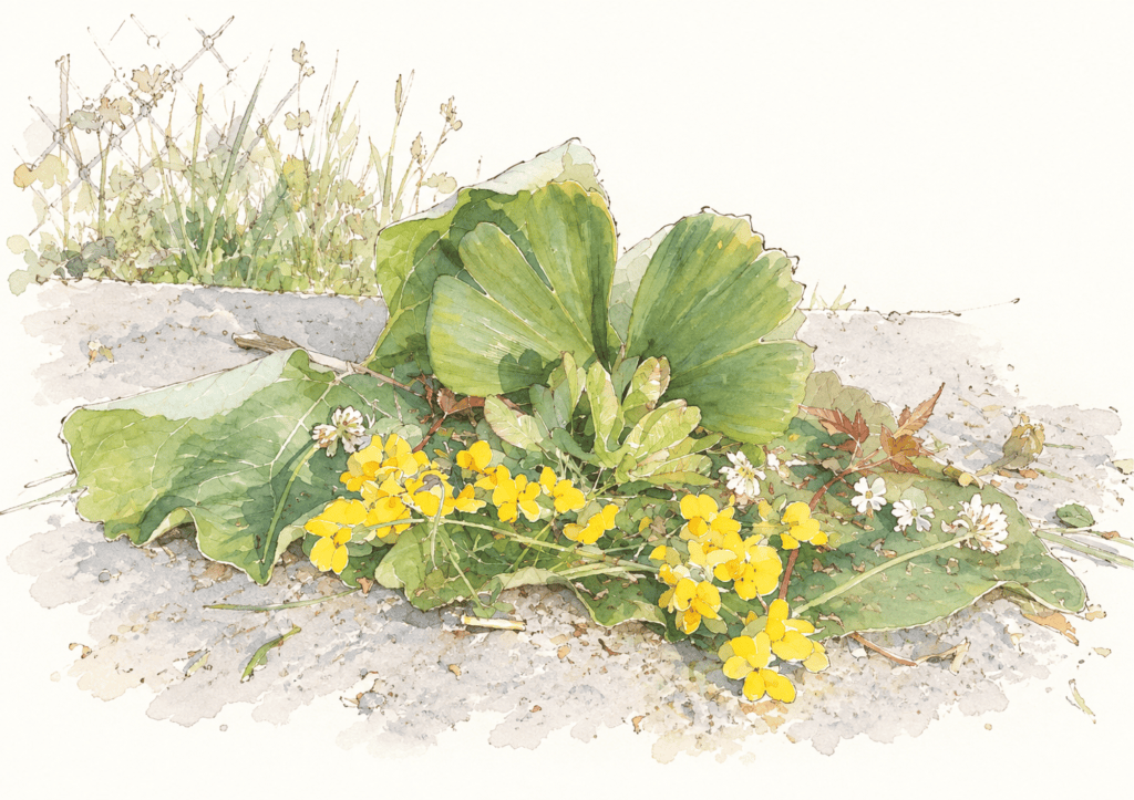 Coltsfoot and dandelions growing through a crack in the pavement