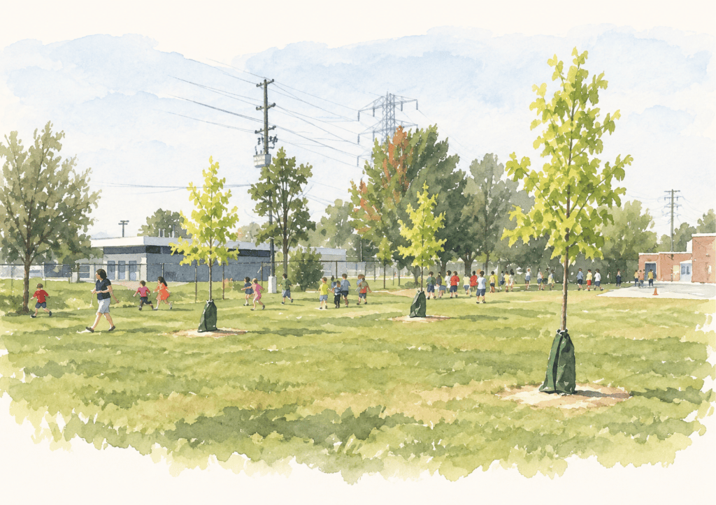Newly planted young trees with stakes and watering bags on a school field, students playing behind
